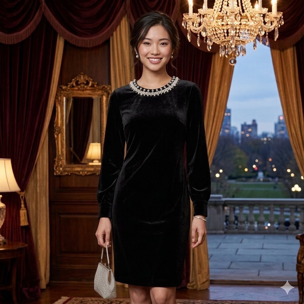 Tahari ASL Womens 16W Velvet Pearl Embellished Sheer Sleeve Black Cocktail Dress